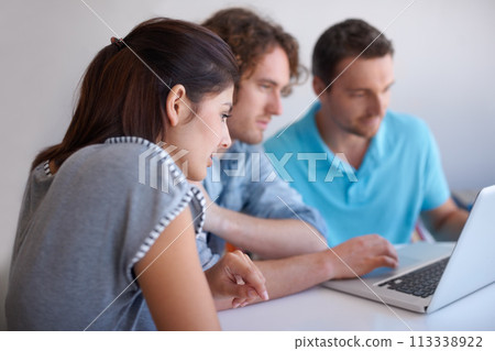 Laptop, cooperation and professional people reading, check or monitor statistics, group media report or website design. Info, team planning and designer teamwork, research or editing webdesign Laptop, cooperation and professional people reading, check or monitor statistics, group media report or website design. Info, team planning and designer teamwork, research or editing webdesign 113338922