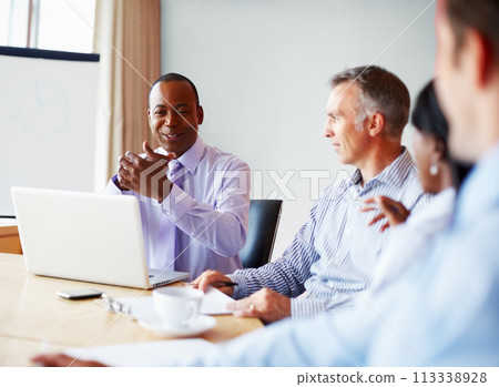 Business people, meeting and teamwork with planning, laptop and brainstorming in a workplace. Staff, group and manager with employees, cooperation or collaboration with partnership and website design 113338928