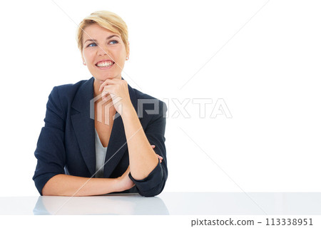 Business woman at desk, thinking with smile and inspiration for professional in studio mockup. Brainstorming, planning and happy consultant with idea, decision or choice on white background space. 113338951