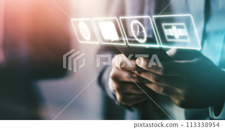 Business man, mobile app icons and technology abstract with hologram, communication and 3D, chat and email. Digital overlay, smartphone in hands and mockup space, futuristic with connection and wifi Business man, mobile app icons and technology abstract with hologram, communication and 3D, chat and email. Digital overlay, smartphone in hands and mockup space, futuristic with connection and wifi 113338954