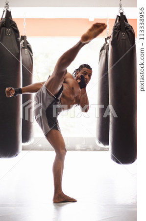 Men, coach and mixed martial arts with training fight, gloves and punch pad for fitness in gym. People, combat and action for mma, boxing or hands for power, workout and exercise for competition Men, coach and mixed martial arts with training fight, gloves and punch pad for fitness in gym. People, combat and action for mma, boxing or hands for power, workout and exercise for competition 113338956