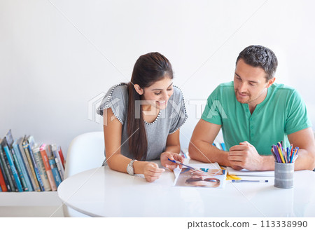 Creative people, teamwork and photograph in business meeting, magazine planning and collaboration or ideas. Graphic designer, man and woman of print catalog or portfolio for startup, marketing agency Creative people, teamwork and photograph in business meeting, magazine planning and collaboration or ideas. Graphic designer, man and woman of print catalog or portfolio for startup, marketing agency 113338990