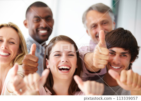 Portrait, happy and business people with thumbs up in office for thank you, support or vote sign. Recruitment, we are hiring and marketing team with diversity, hand and emoji for join us motivation 113339057