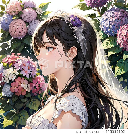 A young woman surrounded by hydrangea flowers 113339102