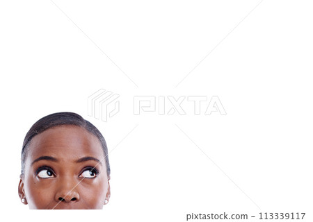 Face, thinking and black woman by mockup with vision for presentation, marketing and promotion isolated on white background. Female person, lady and copy space with idea for advertising in studio 113339117