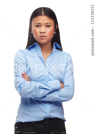 Portrait, frustrated or asian woman with arms crossed in studio for poor feedback, results or review on white background. Angry, face or female model posing with bad mood, attitude or moody behaviour 113339151