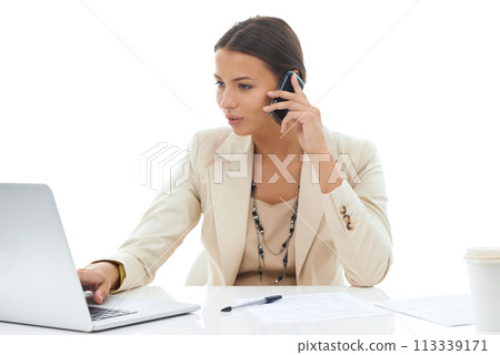 Businesswoman, phone call and laptop research at desk in studio or email networking, mockup space or white background. Female person, digital device and talking as corporate manager, internet or chat Businesswoman, phone call and laptop research at desk in studio or email networking, mockup space or white background. Female person, digital device and talking as corporate manager, internet or chat 113339171