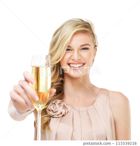 Portrait, champagne and toast with an excited woman isolated on a white background in studio for celebration. Party, success and alcohol with a happy young person holding a glass at a fashion event 113339216