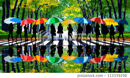 SDGs: Under the big street trees in the city, everyone is sharing their umbrellas without discrimination. 113339298