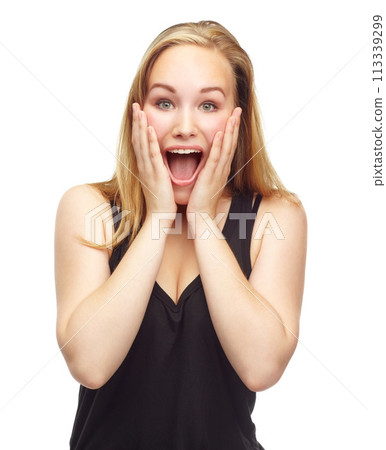 Wow, woman and portrait in studio with news of announcement, surprise and discount deal with wtf expression. Person, face and surprised with giveaway winning lotto and sale offer on white background 113339299