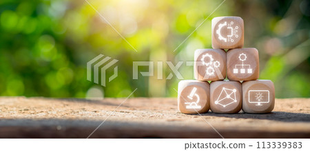 Machine learning concept, Wooden block on desk with machine learning icon on virtual screen. Machine learning concept, Wooden block on desk with machine learning icon on virtual screen. 113339383