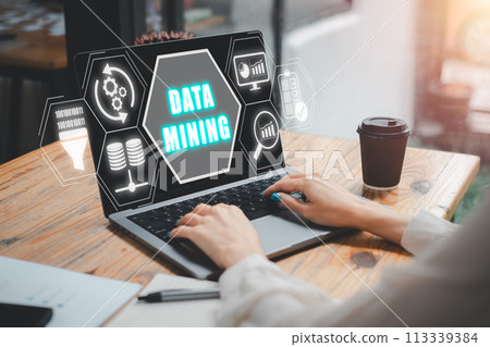 Data mining concept, Businesswoman using laptop computer on desk with data mining icon on virtual screen. Data mining concept, Businesswoman using laptop computer on desk with data mining icon on virtual screen. 113339384