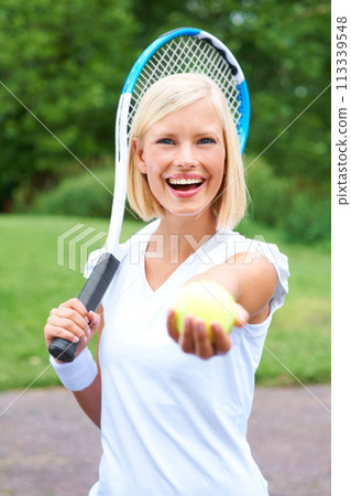 Ball, portrait or happy woman ready for tennis training, exercise or game with a racket outdoors. Smile, healthy start or excited girl athlete giving an offer for sports, wellness or fitness workout 113339548