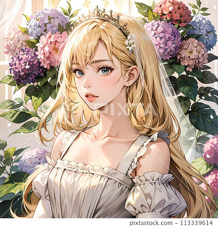 一個女孩抬頭看著繡球花 一個女孩抬頭看著繡球花 113339614