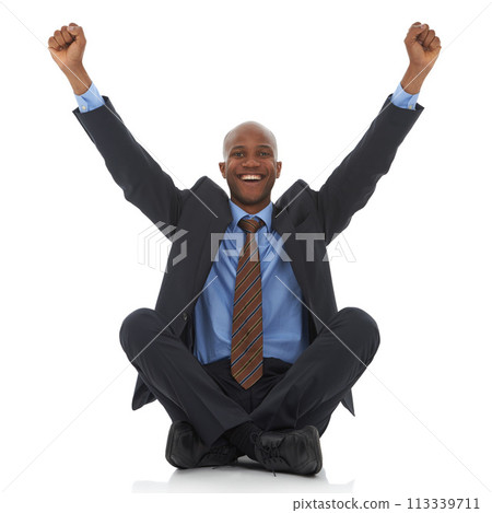 Happy businessman, portrait and fist pump for promotion, bonus or celebration on a white studio background. Excited black man or employee smile sitting on floor for winning, achievement or promo deal Happy businessman, portrait and fist pump for promotion, bonus or celebration on a white studio background. Excited black man or employee smile sitting on floor for winning, achievement or promo deal 113339711