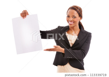 Business woman, poster space and presentation for advertising an opportunity, news or information in studio. Portrait or face of african employee with paper and mockup isolated on a white background Business woman, poster space and presentation for advertising an opportunity, news or information in studio. Portrait or face of african employee with paper and mockup isolated on a white background 113339719