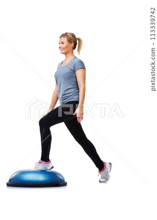 Training, half ball and studio woman doing fitness, step or wellness challenge for active exercise performance. Aerobics practice, stability equipment or person in fitness routine on white background 113339742