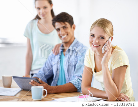 Businesswoman, phone call and portrait or networking in office, speaking and communication on technology. Female person, teamwork and collaboration at company on smartphone, discussion and mobile app 113339781