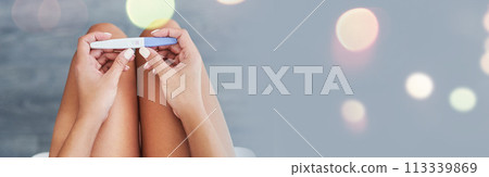 Hands, pregnancy test and woman on banner space waiting for results with double exposure special effect. Pregnant, hope or anticipation with a person on mockup for motherhood as an expecting parent 113339869