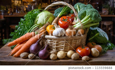 裝滿各種蔬菜的籃子的圖片 113339888
