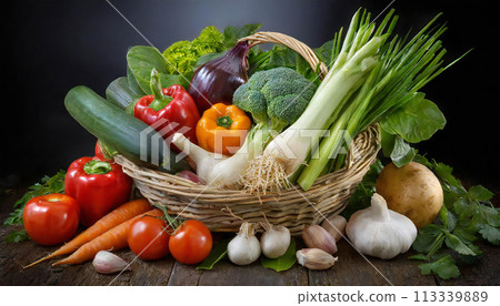 裝滿各種蔬菜的籃子的圖片 113339889