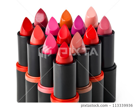 Lipstick, makeup and product in studio for cosmetics, beauty and luxury colors on white background. Closeup, aesthetic and dermatology for lip grooming, choice and group for selection in promo or ads 113339936