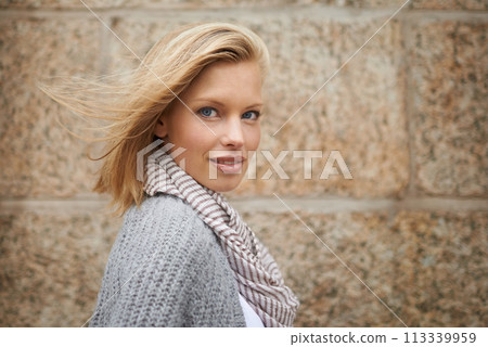 Fashion, wall background and portrait of woman in city with confidence, trendy clothes and style. Travel, walking and face of person outdoors for journey on holiday, weekend and vacation in Canada 113339959