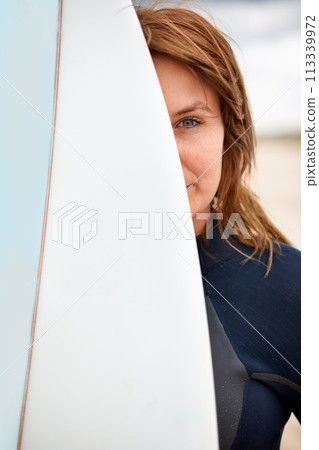 Surfboard, portrait or female surfer at sea for fitness training, workout or sports exercise in Hawaii. Healthy, athlete or woman ready for surfing on fun holiday vacation at beach, ocean or nature Surfboard, portrait or female surfer at sea for fitness training, workout or sports exercise in Hawaii. Healthy, athlete or woman ready for surfing on fun holiday vacation at beach, ocean or nature 113339972