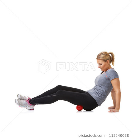 Woman, massage ball and rehabilitation in studio, injury and health or wellness by white background. Female person, athlete and physical therapy or healing for muscles in legs and body in mockup 113340028