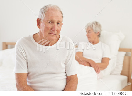 Elderly, couple and sad in bedroom with conflict, ignore and crisis in marriage for mental health or retirement. Senior, woman or man with fight, argument or divorce on bed in home with disagreement Elderly, couple and sad in bedroom with conflict, ignore and crisis in marriage for mental health or retirement. Senior, woman or man with fight, argument or divorce on bed in home with disagreement 113340073