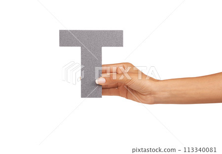 Hands, font and capital letter T in studio isolated on a white background mockup space. Fingers, alphabet and closeup of sign for typo, communication or learning language, character or uppercase icon 113340081