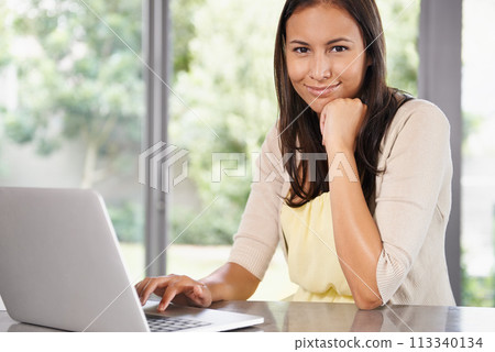 Happy woman, portrait and laptop with confidence for communication, networking or typing email at home. Female person or freelancer with smile on computer for online browsing or research at the house Happy woman, portrait and laptop with confidence for communication, networking or typing email at home. Female person or freelancer with smile on computer for online browsing or research at the house 113340134
