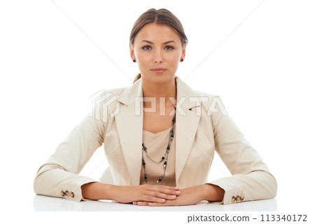 Portrait, business and woman with career, confident employee and worker isolated on a white studio background. Face, person and media consultant with startup, assertive and positive attitude 113340172
