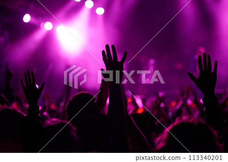 Hands, crowd and silhouette at music festival with dancing for rock party at concert with stage lights, nightclub or dj. People, dance floor and holiday event in summer for entertainment, dark or fun 113340201