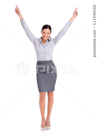 Businesswoman, portrait and celebration for achievement as professional lawyer for confident job, winning or promotion. Female person, happy and studio or white background for pride, goals or mockup 113340202