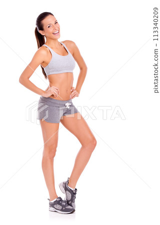 Sports, smile and portrait of woman in studio for weight loss, health or wellness diet for energy. Happy, fitness and slim female person for body exercise, workout or training by white background. Sports, smile and portrait of woman in studio for weight loss, health or wellness diet for energy. Happy, fitness and slim female person for body exercise, workout or training by white background. 113340209