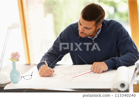 Man, drawing and architect with pen for design in office, documents and planning on blueprint. Male person, drafting and engineer for building idea on paper, solution and employee for project at desk 113340240