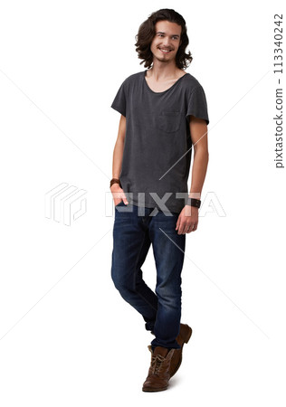 Studio fashion, happy and man relax with casual outfit, trendy style or confident in hipster apparel clothes. Happiness, mockup space or stylish male model smile isolated on white background 113340242