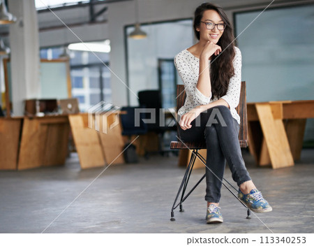 Woman, thinking and happy in office for creative career in concept development for designing agency or company. Female person, carefree and confident in workplace in Atlanta for employee internship. 113340253