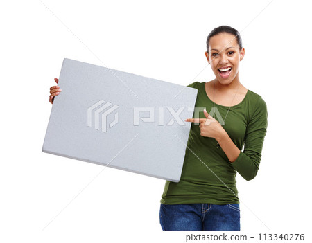 Portrait, woman and pointing at poster for advertising mockup, info or news with billboard on white background. Announcement, coming soon or join us with sign for marketing, promo and ads in studio 113340276
