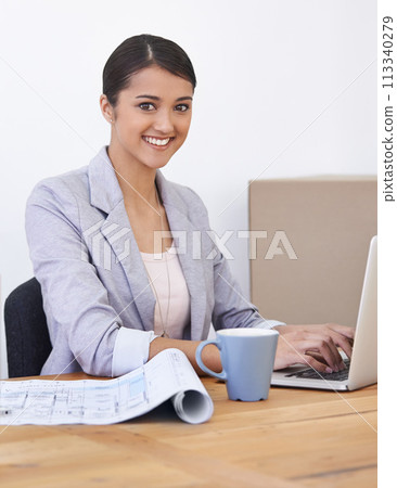 Architecture, laptop or portrait of business woman in office for building, documents or blueprint research. Construction, face or lady architect with property compliance check for real estate design 113340279