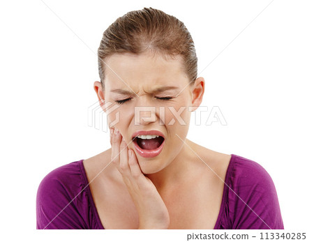 Dental, mouth or woman with toothache in studio frustrated by gum, problem or sensitive teeth on white background. Bad breath, face or angry female model with jaw injury, cavity or bacteria crisis Dental, mouth or woman with toothache in studio frustrated by gum, problem or sensitive teeth on white background. Bad breath, face or angry female model with jaw injury, cavity or bacteria crisis 113340285