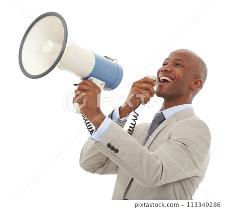 Happy black man, megaphone and business announcement for communication on a white studio background. African person, employee or businessman smile with loudspeaker for alert or notification on mockup Happy black man, megaphone and business announcement for communication on a white studio background. African person, employee or businessman smile with loudspeaker for alert or notification on mockup 113340286