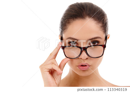Woman, portrait and glasses in studio for optometry, lens and confidence for frame or eyewear. Serious person, eyecare and eye insurance on white background, treatment and prescription for health Woman, portrait and glasses in studio for optometry, lens and confidence for frame or eyewear. Serious person, eyecare and eye insurance on white background, treatment and prescription for health 113340319