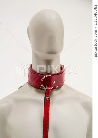 A mannequin wearing a red collar and leash 113340362