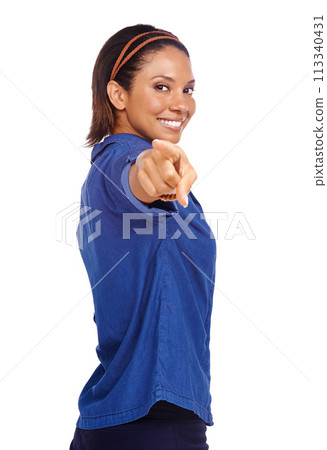Studio portrait, happiness and woman pointing at you, choice or encouragement support for promotion vote. Hiring decision, hand gesture and person smile for recruitment isolated on white background Studio portrait, happiness and woman pointing at you, choice or encouragement support for promotion vote. Hiring decision, hand gesture and person smile for recruitment isolated on white background 113340431