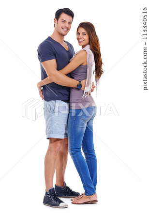 Portrait, smile and couple hug for love, care and romance in studio isolated on white background mockup space. Happy man, woman and embrace for connection, support and commitment to marriage together Portrait, smile and couple hug for love, care and romance in studio isolated on white background mockup space. Happy man, woman and embrace for connection, support and commitment to marriage together 113340516