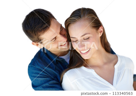Couple, hug and smile in studio for love with embrace, connection and support together. Man, woman and happiness with romance or trust for bonding, security and spouse for comfort with safety 113340563