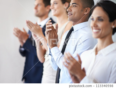 Diversity, coworker and clapping in office, professional celebration for presentation. Success, standing and applause with corporate businesspeople, team victory for winning in work environment 113340598