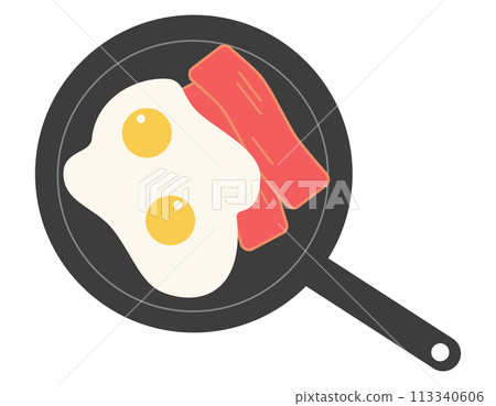 煎鍋上的培根和雞蛋圖示材料 煎鍋上的培根和雞蛋圖示材料 113340606